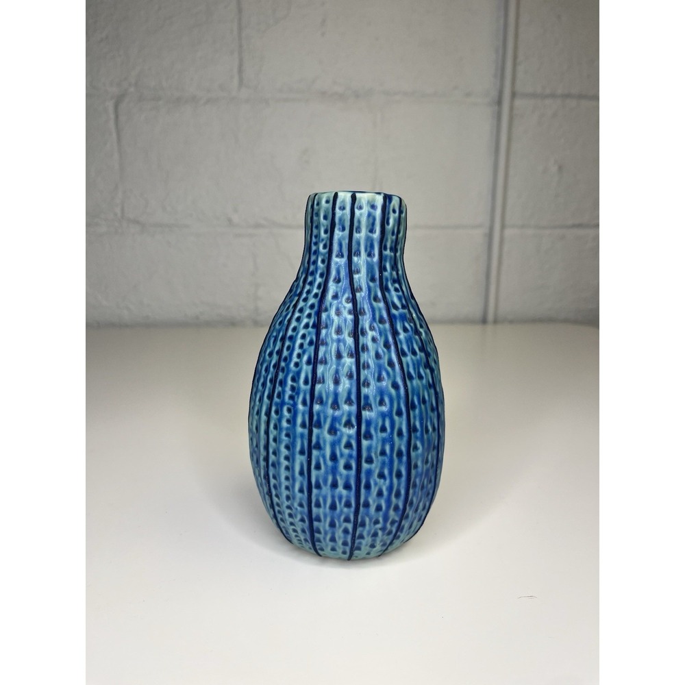 Textured Teal Blue Vase Stripe Thailand Bud Vase 7" Cactus Boho Southwestern‎ - Picture 2 of 7